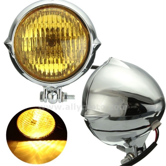 154 Chrome 4 Inch Yellow Light Lamp Headlight Harley Bobber Chopper@2